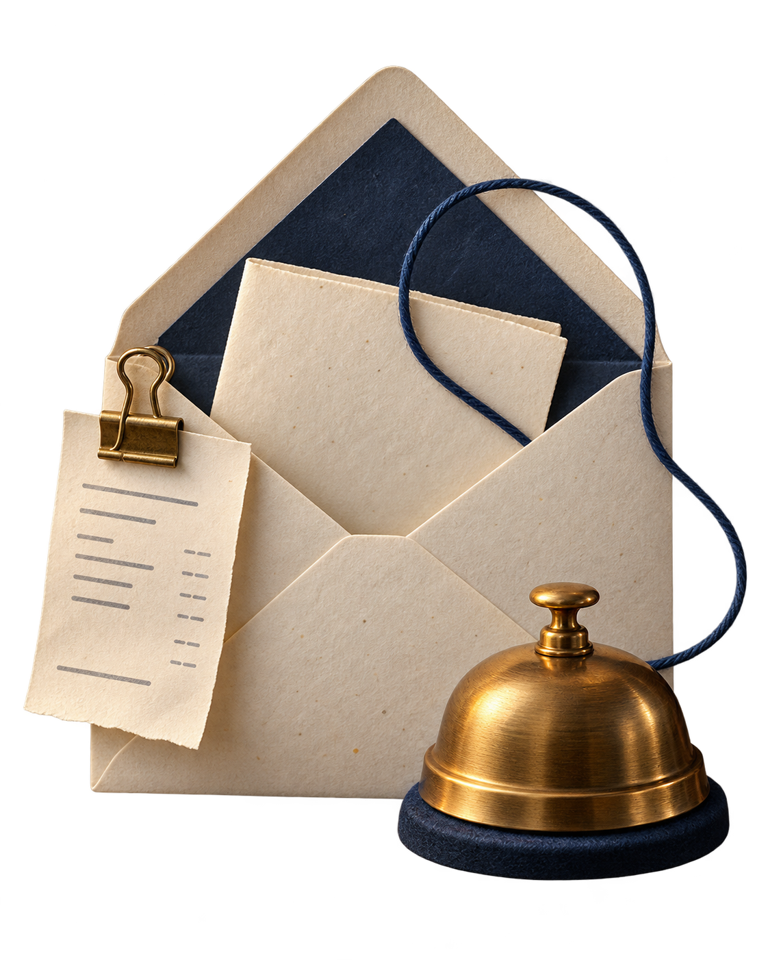 Envelope aberto com fio azul e sino dourado